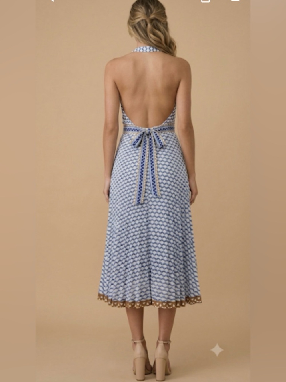 Le Superbe Halter Pleated Maxi Dress Belted In Santorini Dream (White & Blue) M - Picture 4 of 13